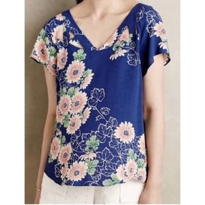 Maeve Anthropologie 4 Floral Lattice Detail Top Blue Pink Green Short Sleeve